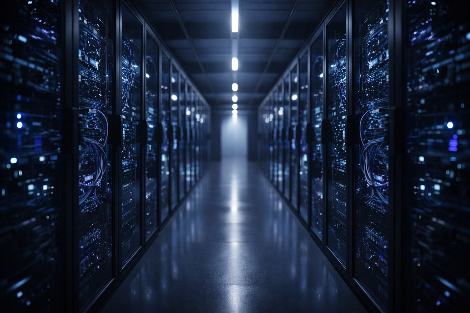Modern data center corridor with organized server racks and soft cinematic lighting